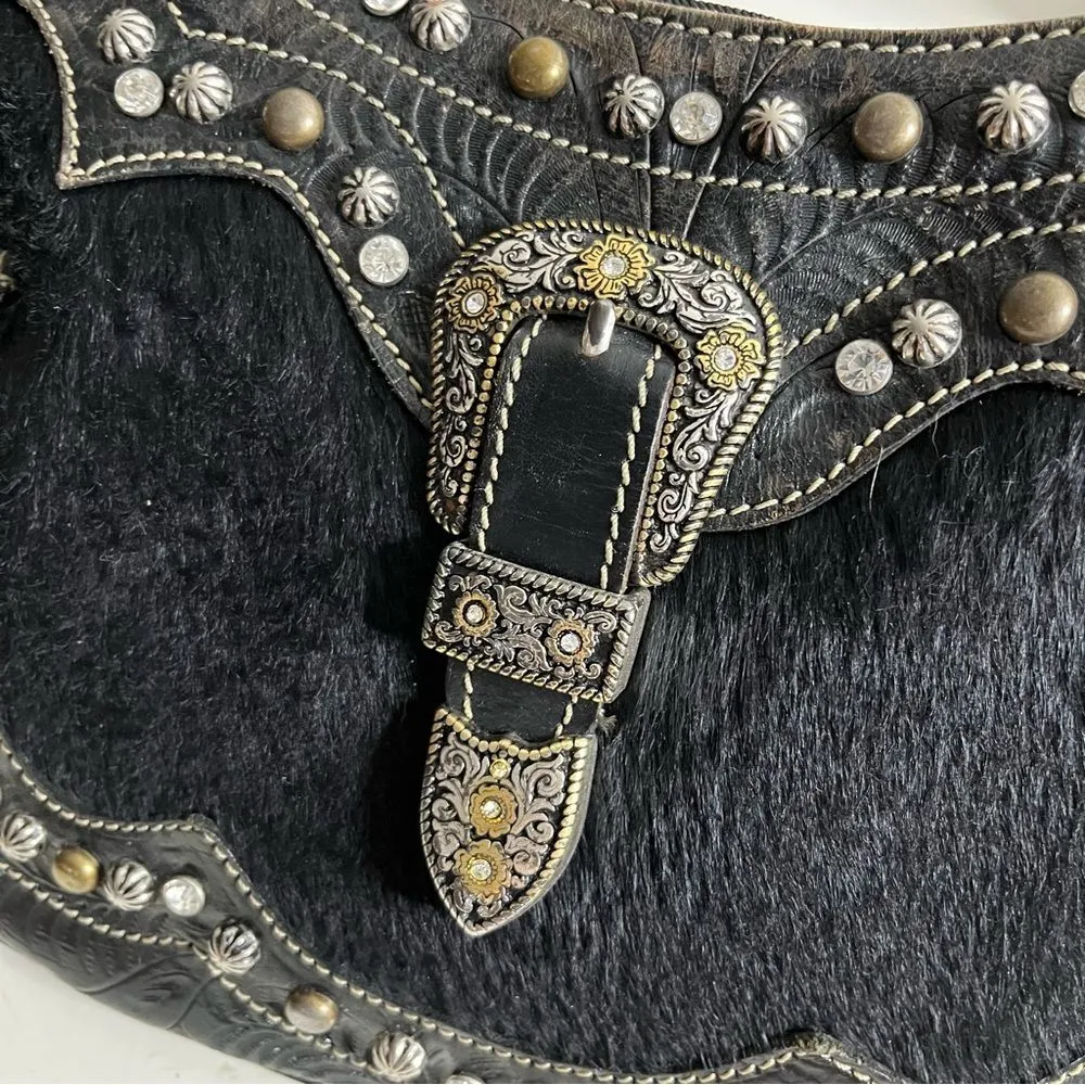 AMERICAN WEST Black Western Handbag Shoulder Bag Hair on Hide Leather Adjustable - Image 8