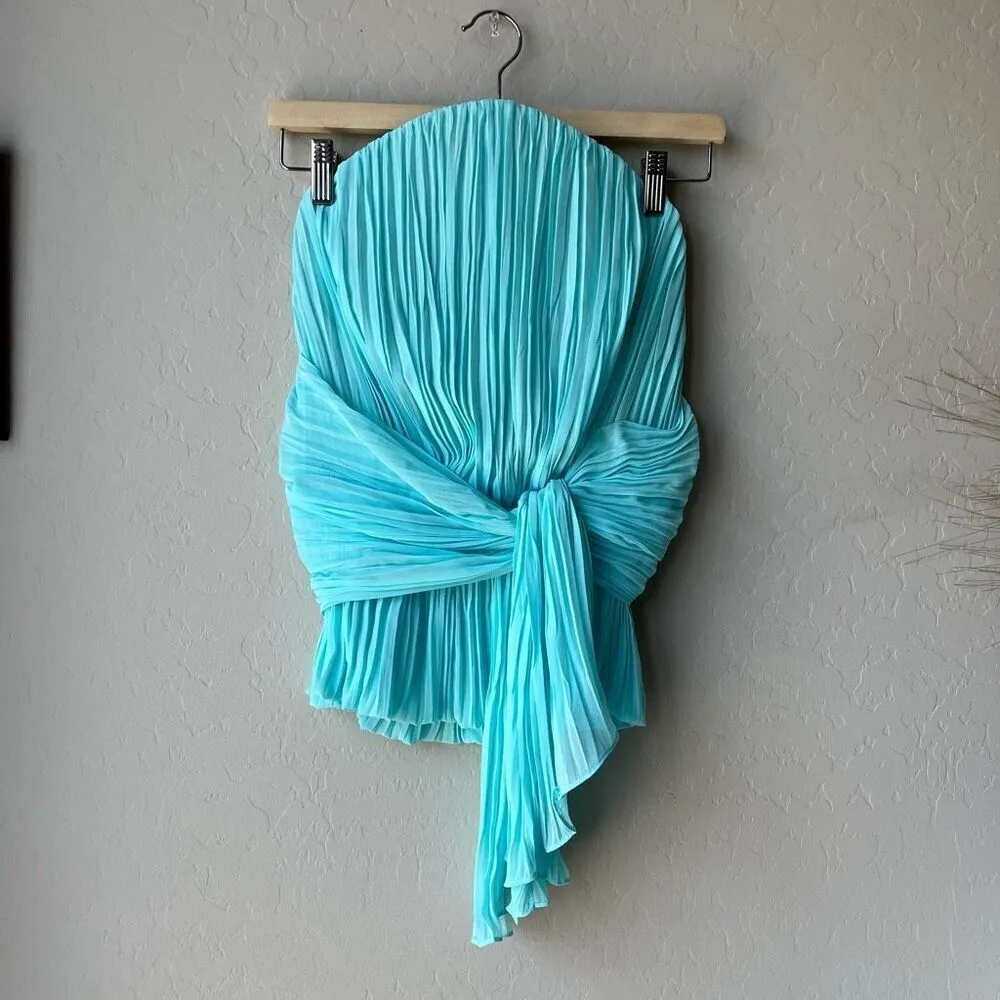 Tre by Natalie Rasabei Blouse Strapless‎ Plisse Bustier Top Blue Size 2 - Image 2