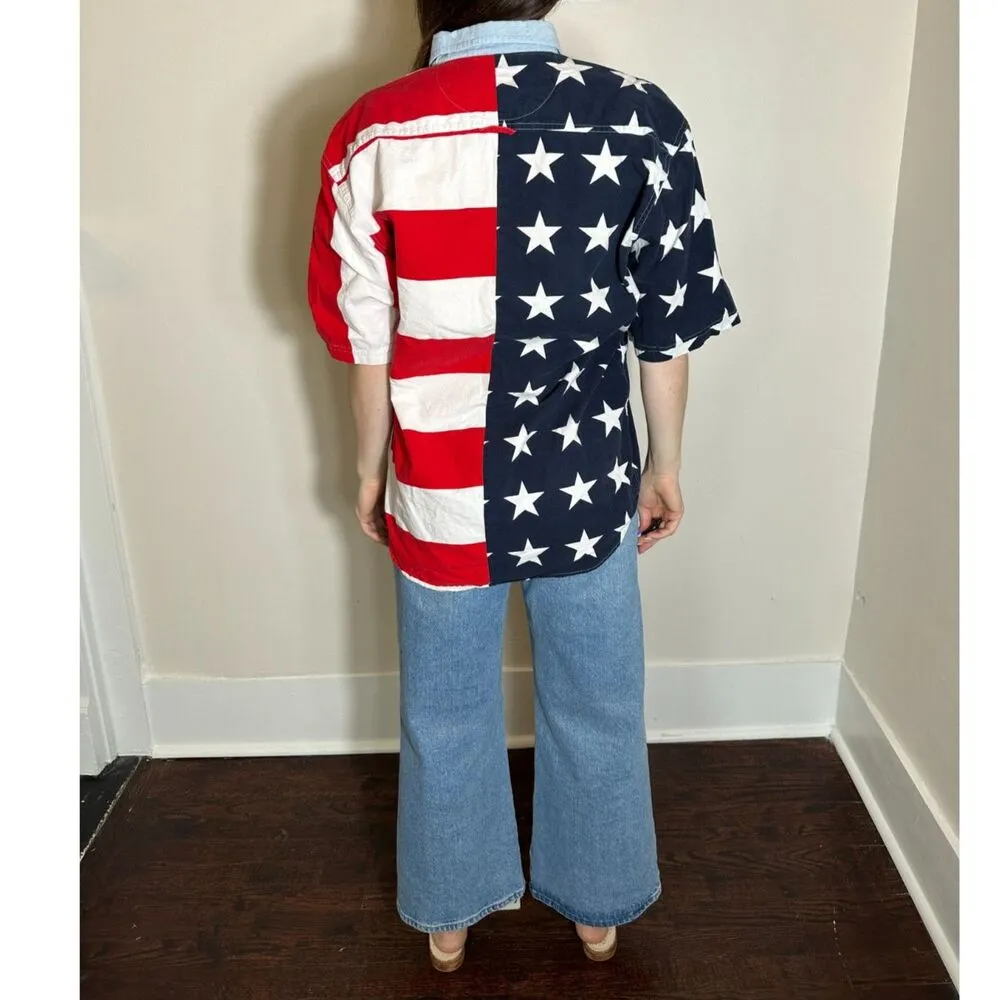 Vintage 100% Cotton Ivy Crew American Flag Button Up Shortsleeve Top Size M Red Size M - Image 4