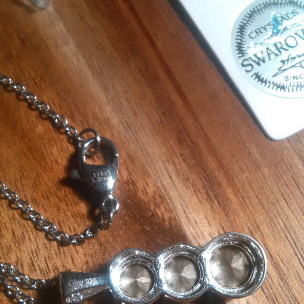 Swarovski Crystal Three Stone Sterling Silver Pendant Stainless Steel Necklace - Image 5
