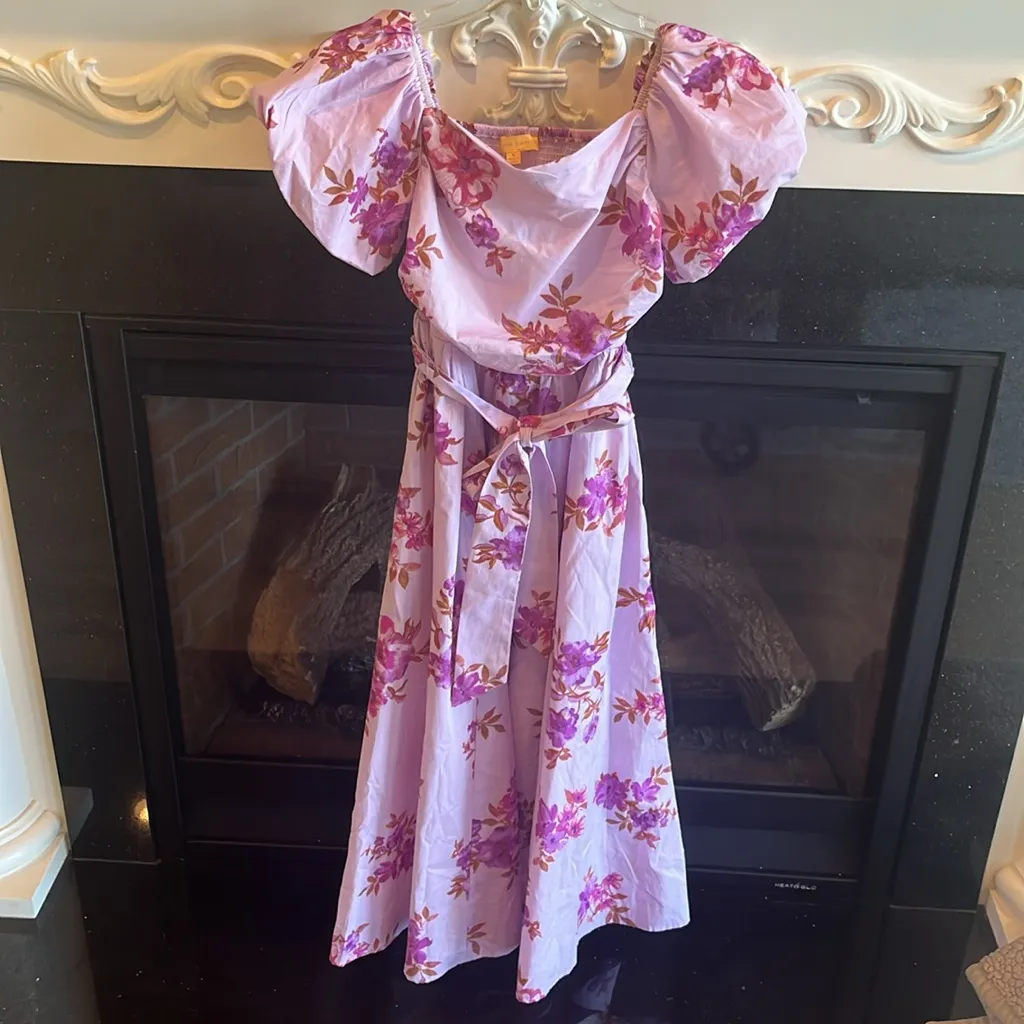 Flying Tomato Lavender Purple Floral Tie Sash Puffed Sleeve Long Dress New - Image 5