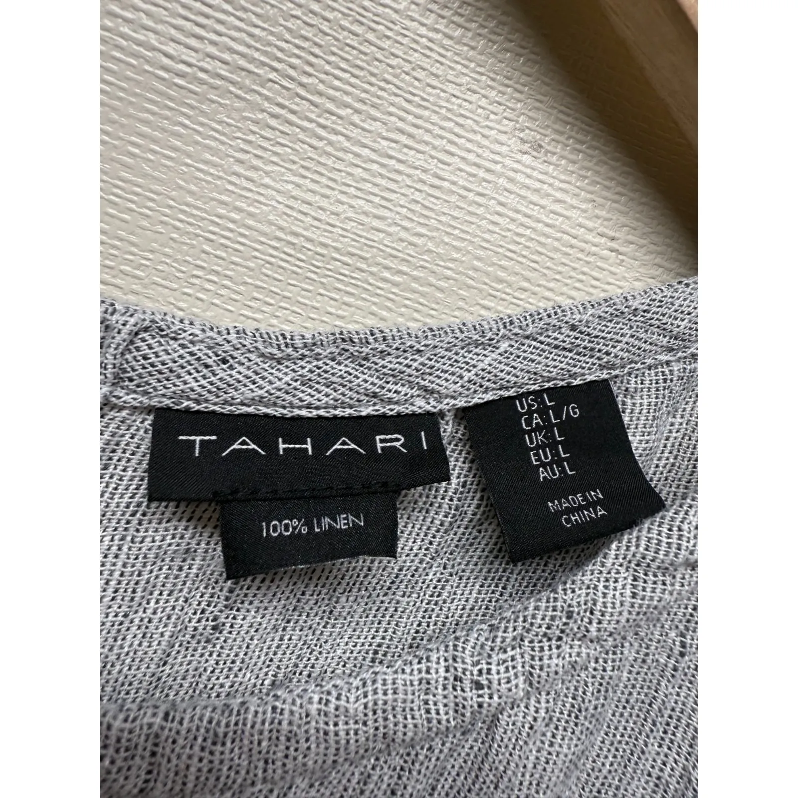 Tahari 100% Linen Boxy Top Sz L Gray Lagenlook Dolman Sleeve Back Button Coastal - Image 5