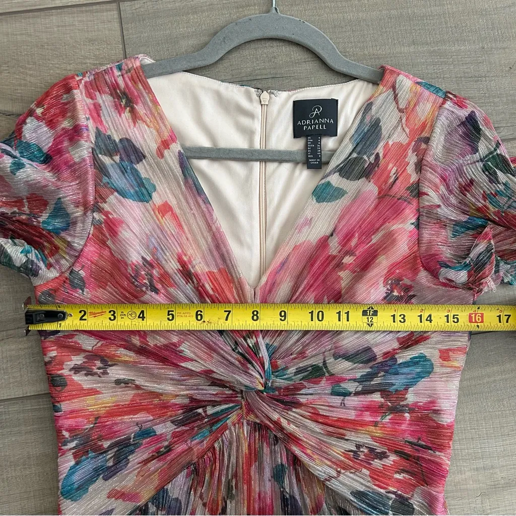 Adrianna Papell Floral Metallic Pleated Twist Front Hi Low Flutter Sleeve Gown 4 - Image 8