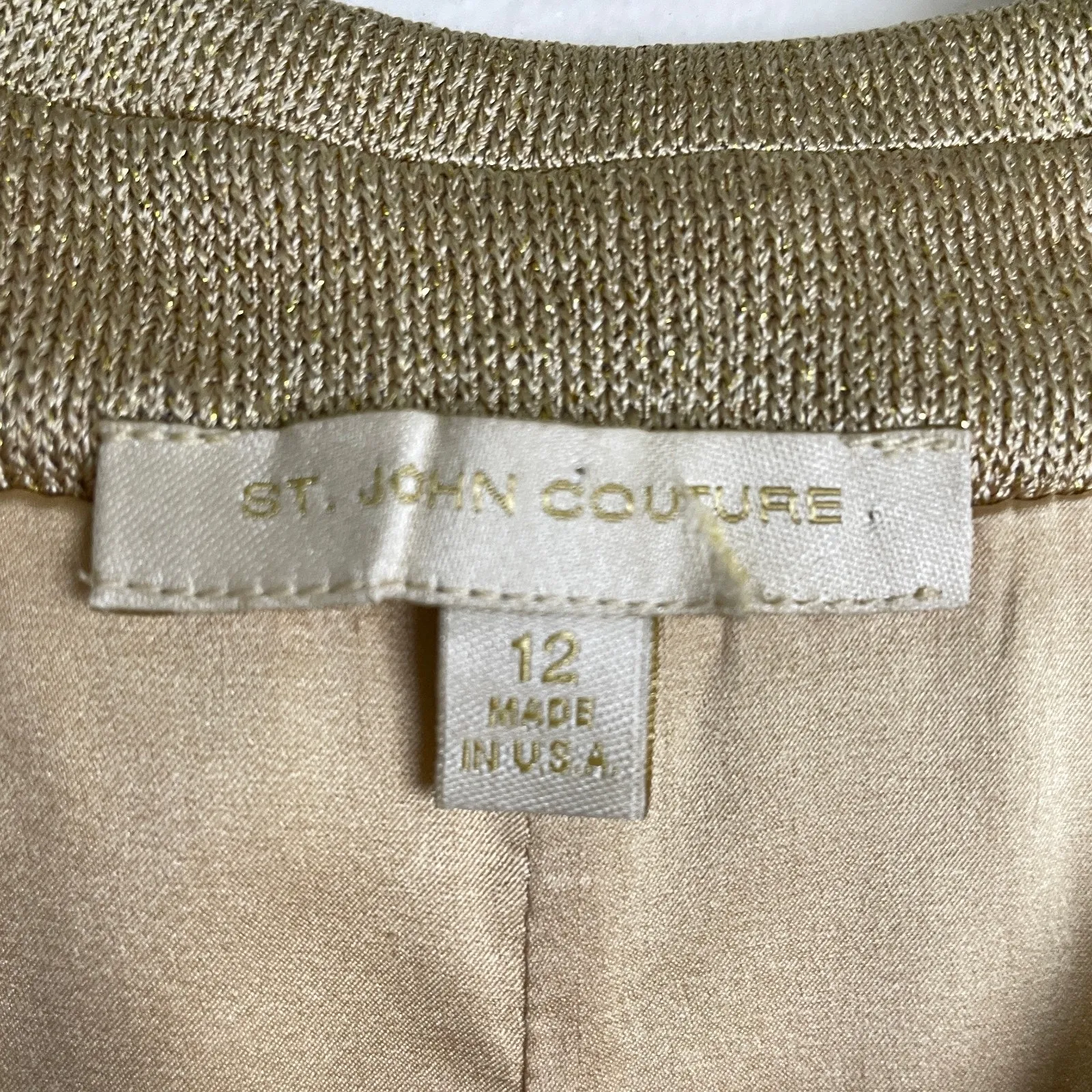 St John Couture Dress Womens 12 Gold Metallic Short Sleeve Knit Button Midi - Image 11