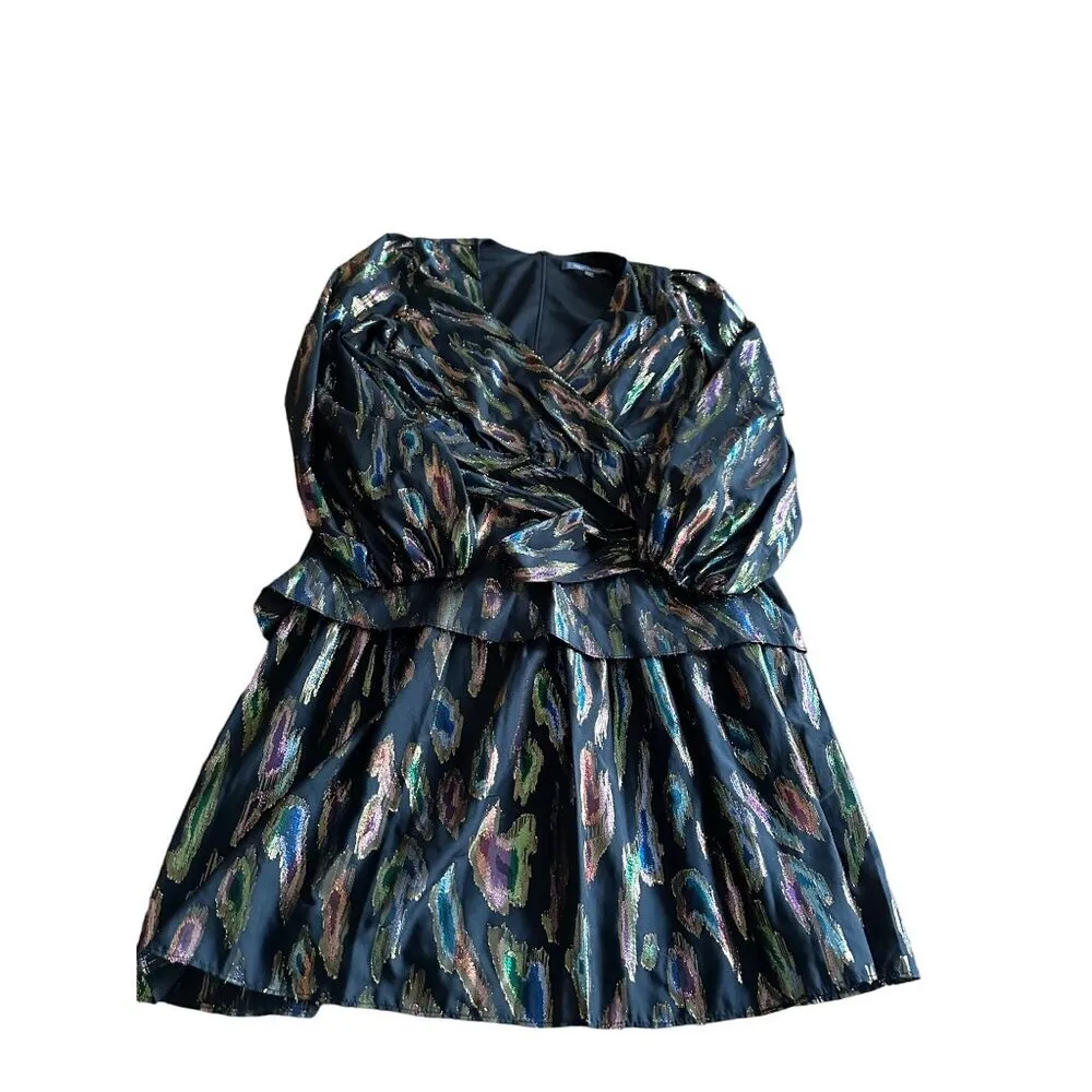 Julia Jordan Metallic Faux Wrap Belted Mini dress Tiered Surplice Neckline - Image 13