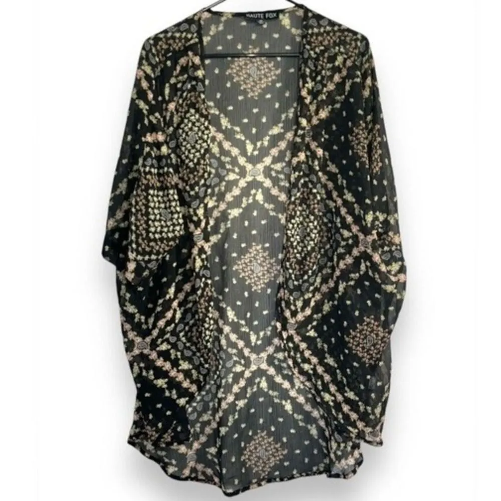 Haute Fox Womens Floral Sheer Patterned Open Front Kimono Sweater sz 3X Boho Black - Image 2