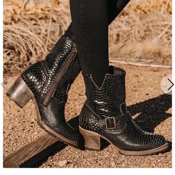 FREEBIRD by Steven Carlito Snake Black Leather Boots Snakeskin Embossed Bootie - Image 1