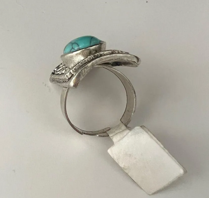 Turquoise Silvertone Ring Native Style Blue Fashion Rings Gemstone Plated Navajo - Image 2