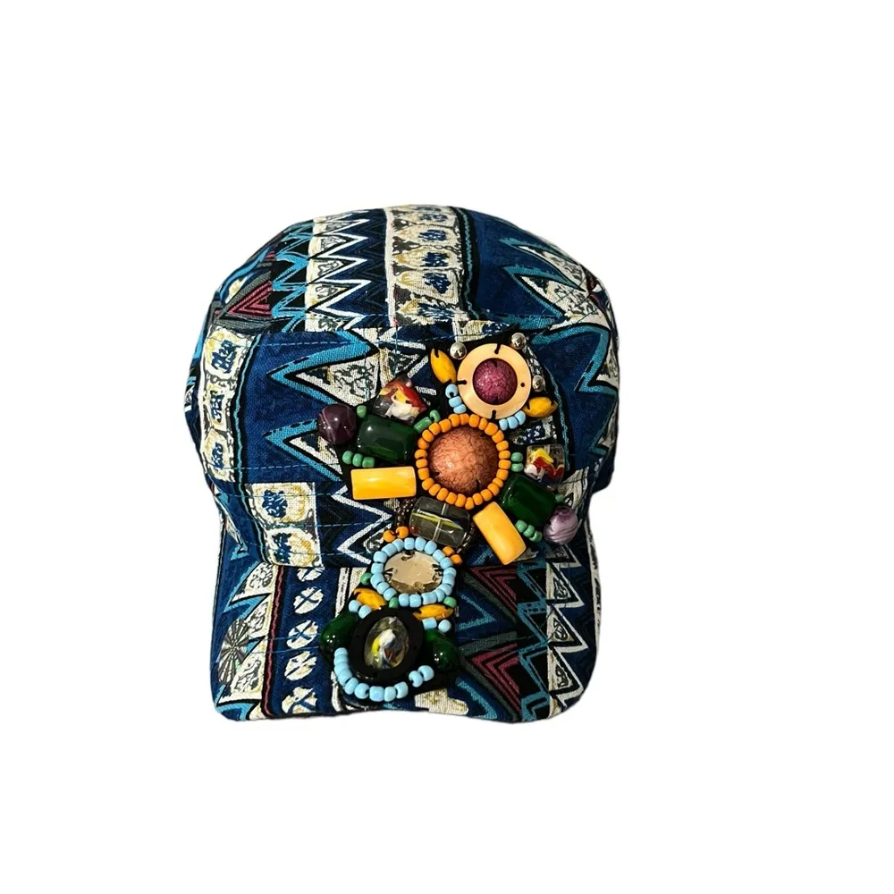 NexGen Head Wear Embellished Stones & Beads Multicolored Aztec Print Cadet Cap Blue - Image 2