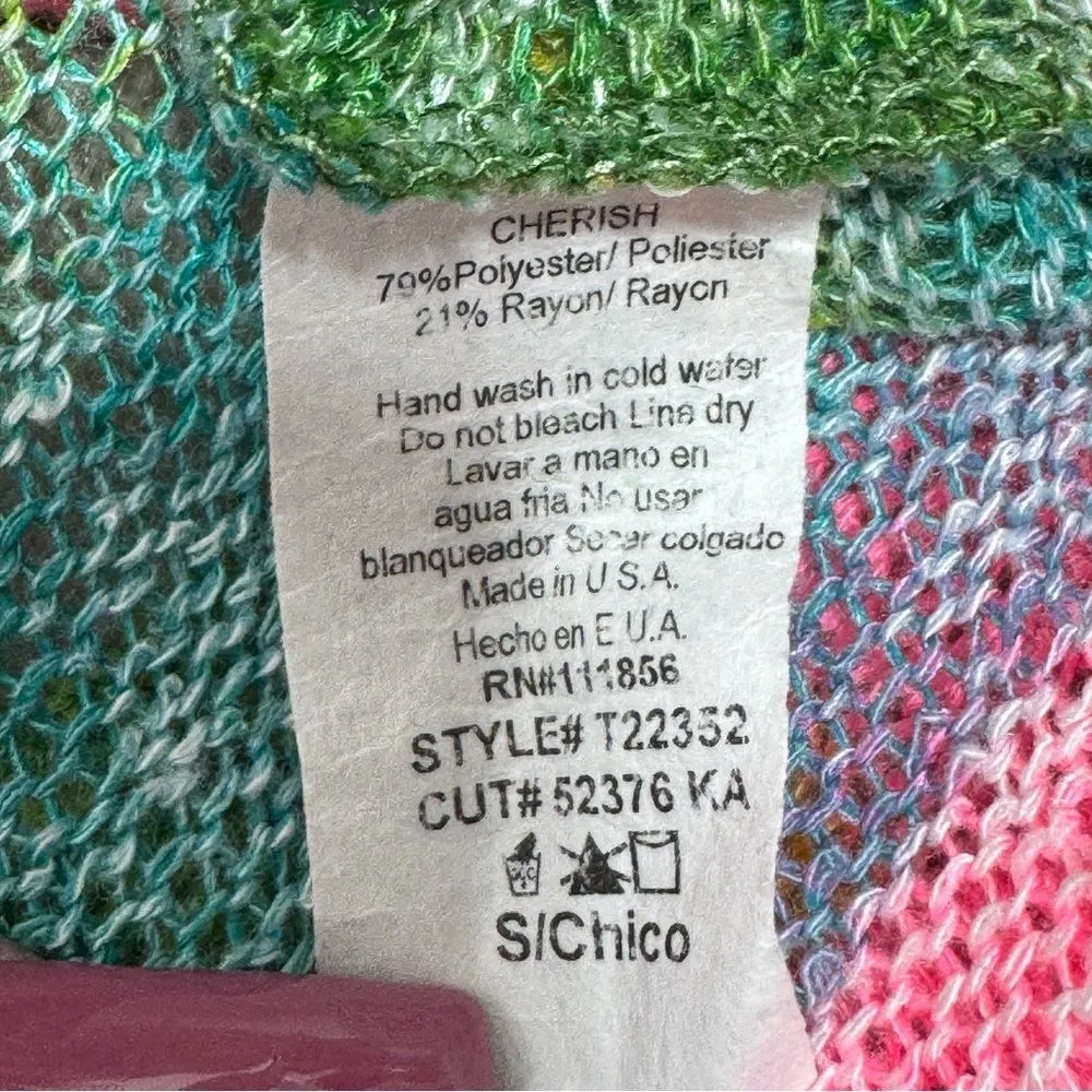 Cherish Striped‎ Mesh Knit V Neck Short Sleeve Tee Shirt Green Pink Small - Image 9