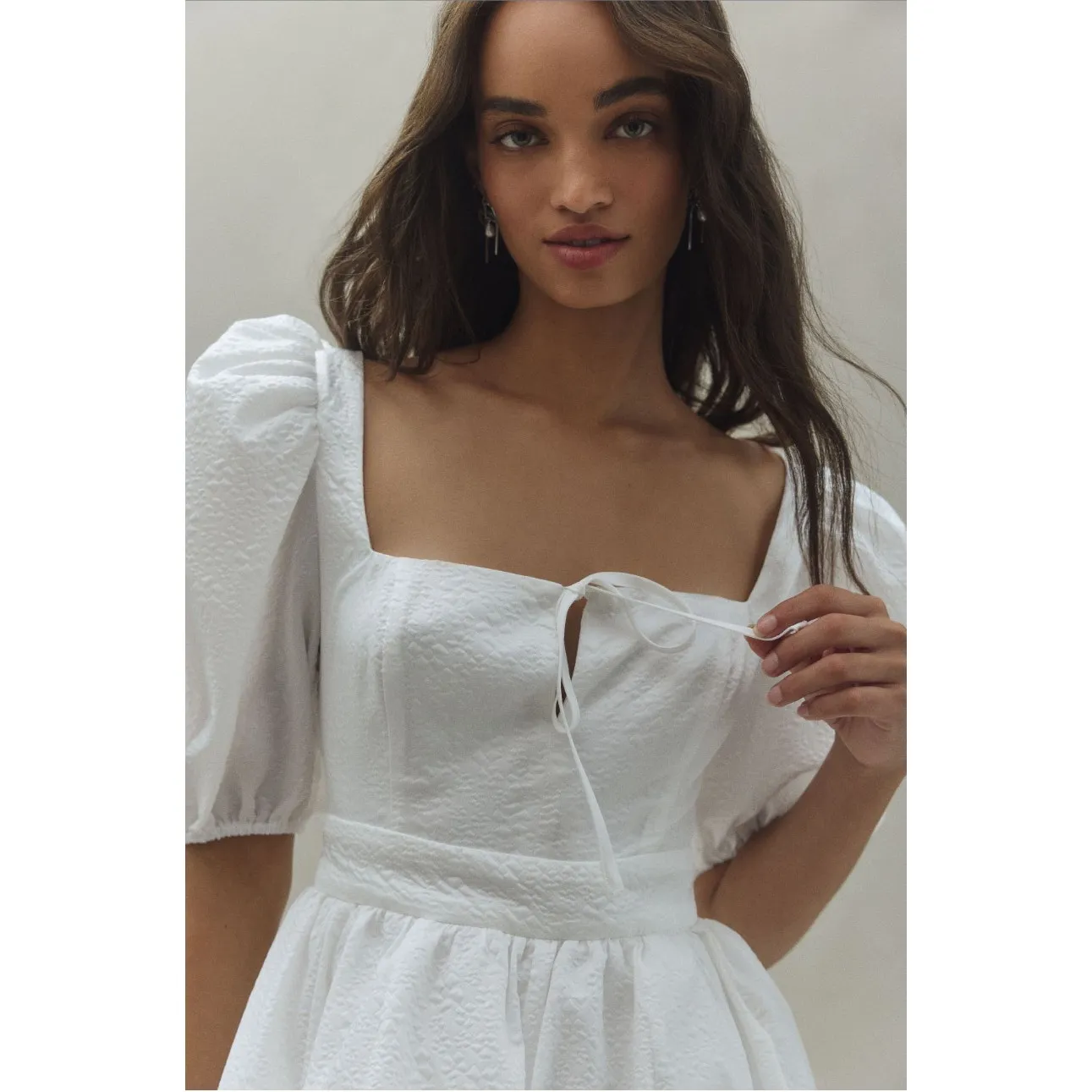 BHLDN Chloe White Jacquard Puff Sleeve Bridal Mini Dress NWT Small - Image 13