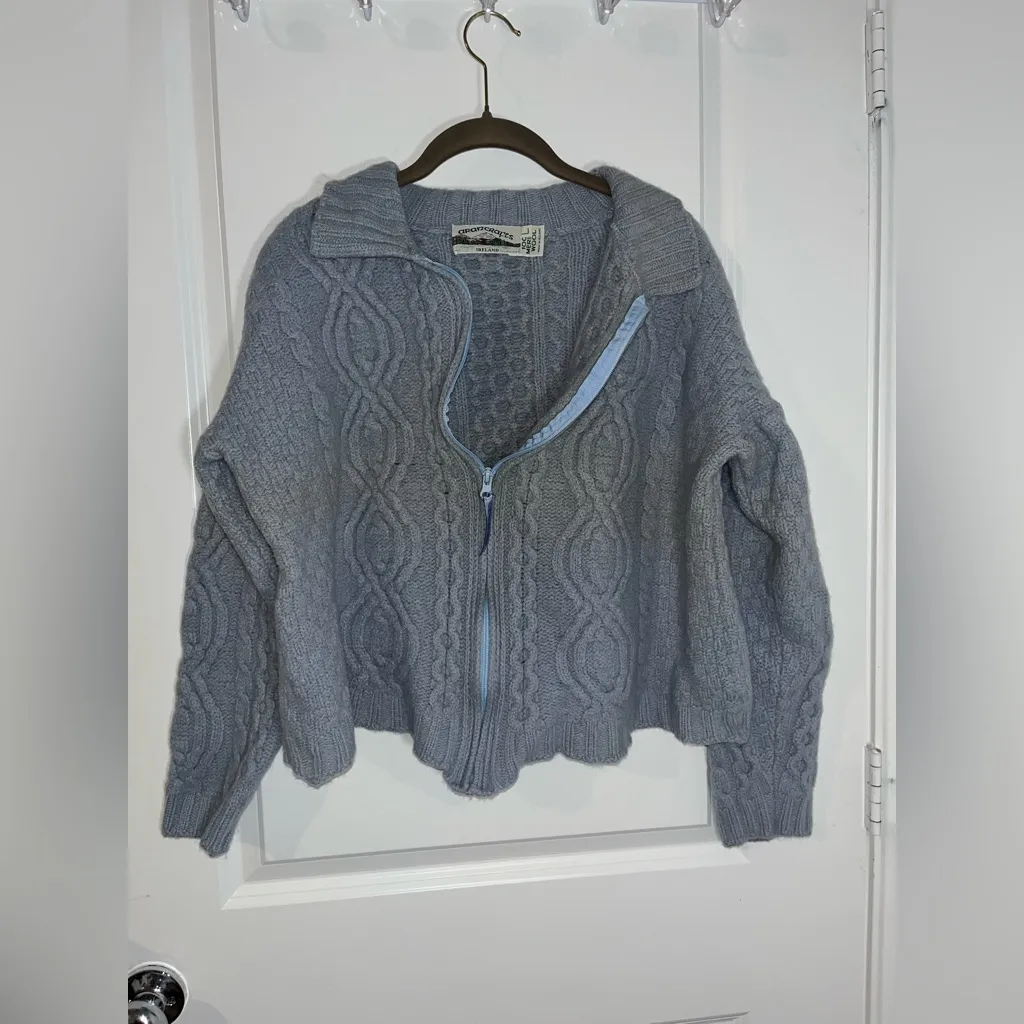 Aran Crafts Merino Wool Full Zip Fisherman Cable Knit Blue Sweater Jacket Sz L Size L - Image 3
