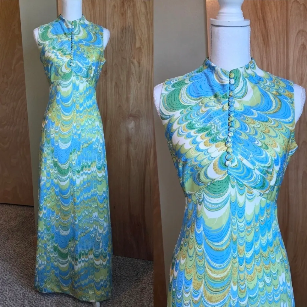 Vintage 70a Leslie Fay Funky Pronted Maxi Dress - Image 2