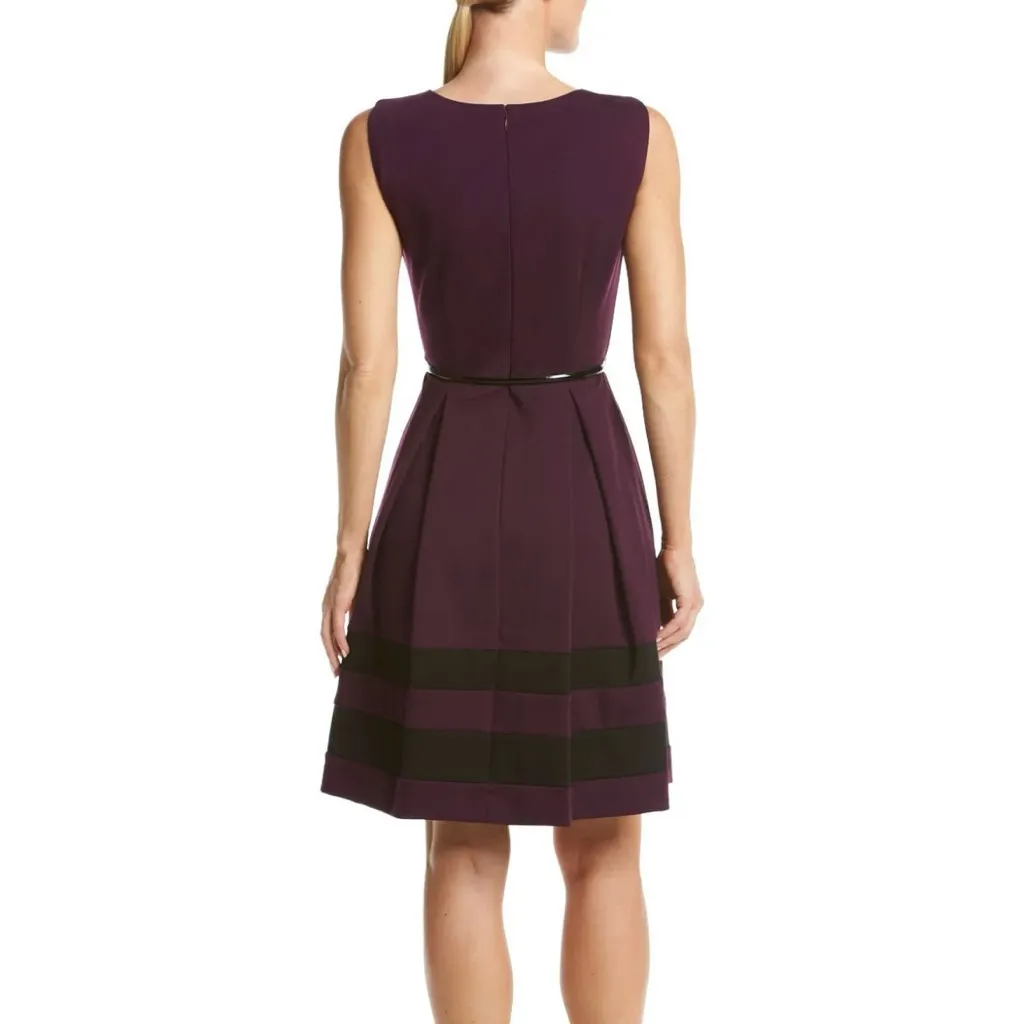 Calvin‎ Klein Purple  Sleeveless Striped Hem Belt Flare Ponte Knit Dress Size 8 - Image 3