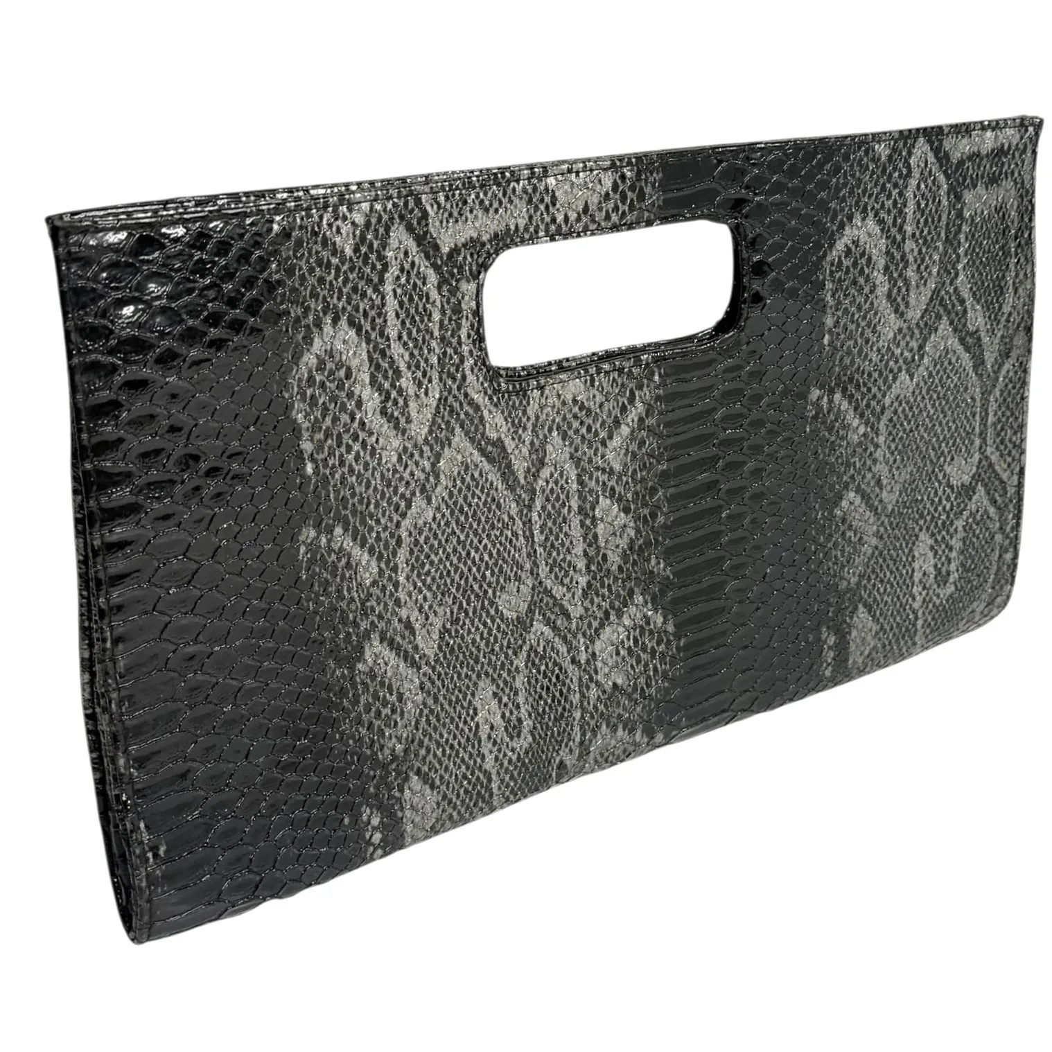 Genuine Faux Leather Snakeskin Clutch Handbag Envelope Purse Gray Black 15.5x9" - Image 6