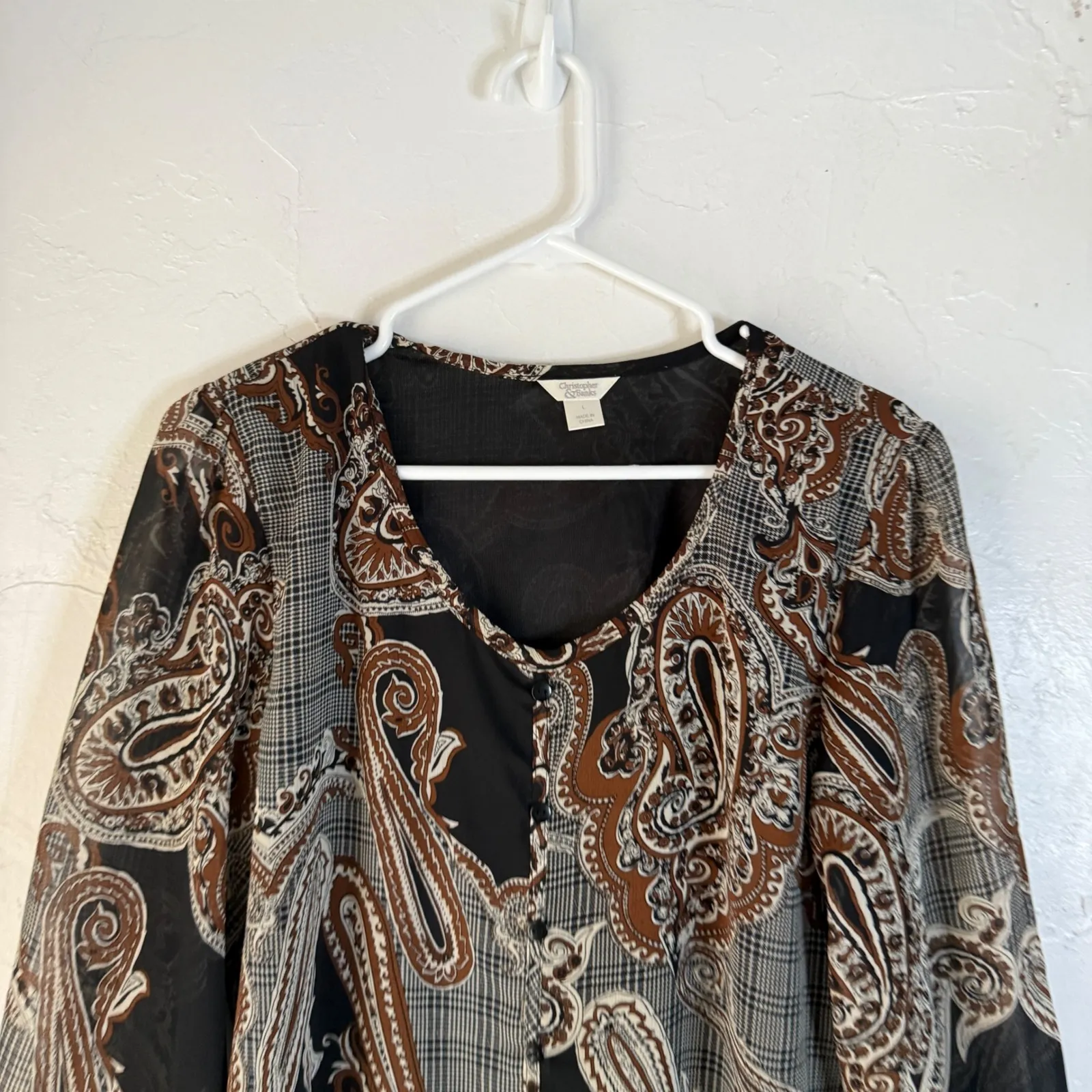 Christopher‎ & Banks Y2k Paisley Sheer Blouse L 3/4 Lace Boho Grunge Western - Image 2
