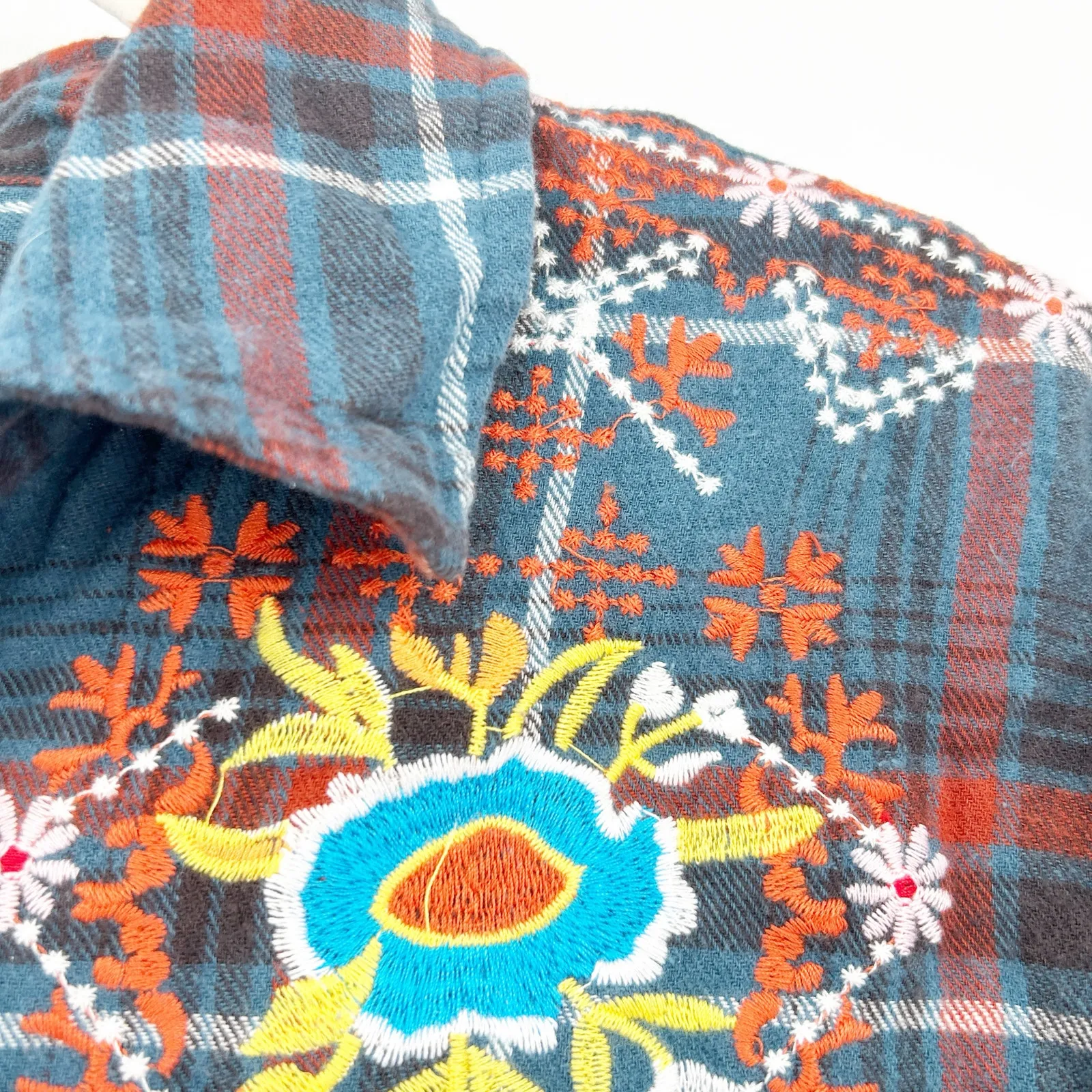 Womens Boho Western Plaid Cowgirl Embroidered‎ Floral Long Sleeve Tunic Blouse S Blue - Image 8