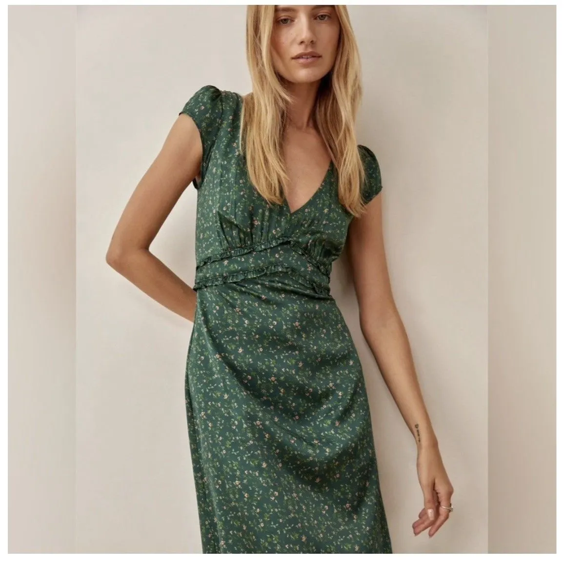 Reformation Kaye Silk Dress Women’s Size 8 Coriander Green Floral Seen On Tv - Image 3