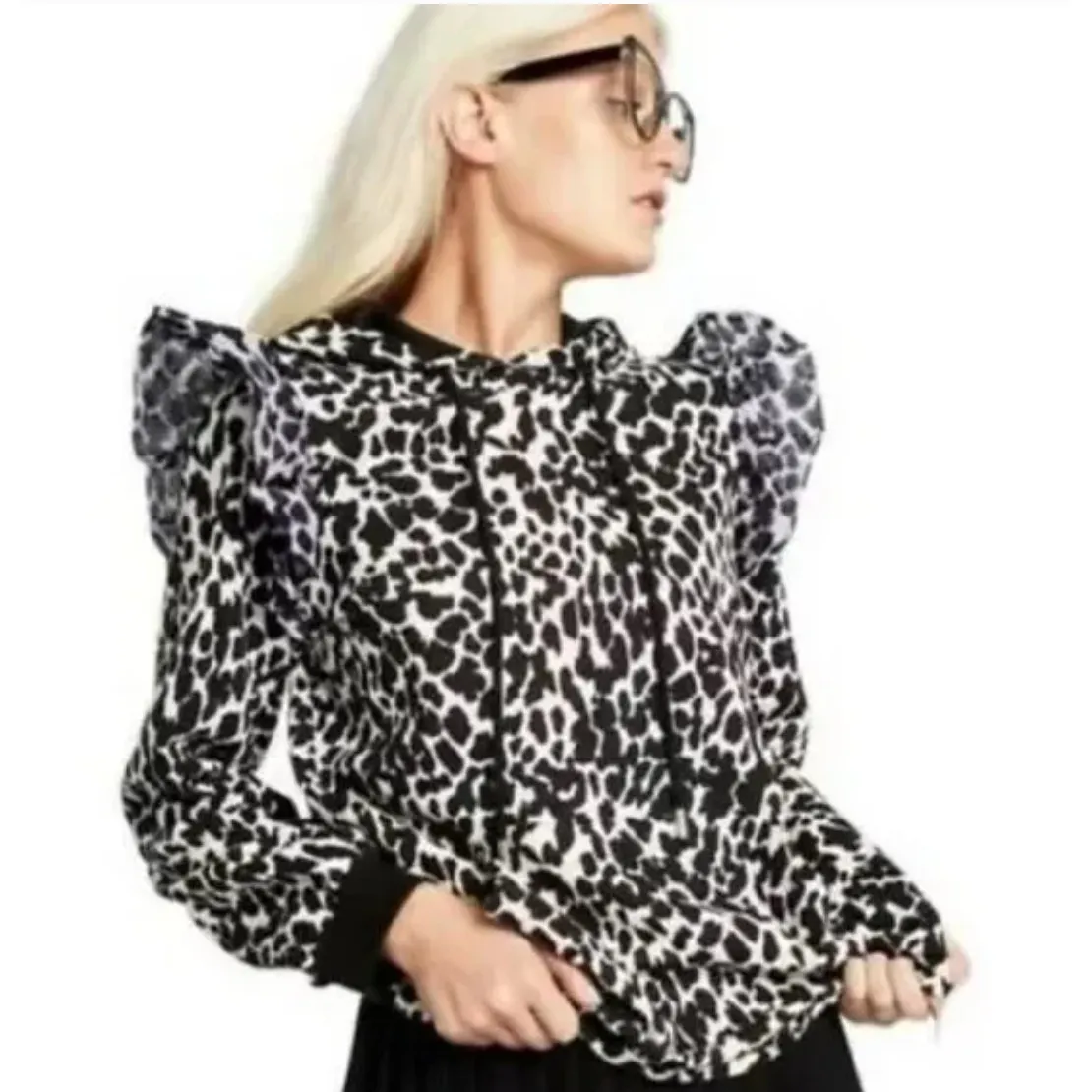 Sandy Liang Hoodie Womens X Small Black White Leopard Animal Ruffle Sweatshirt - Image 1
