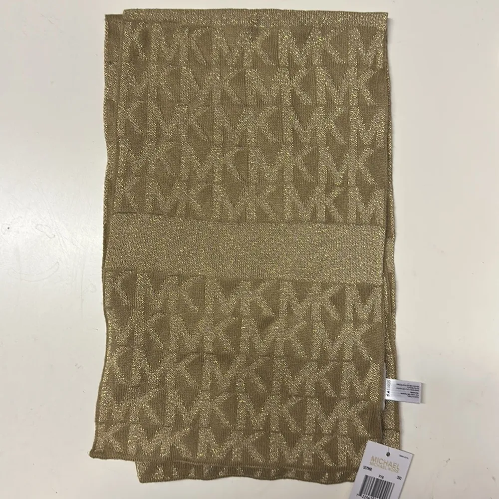 Michael Kors Metallic Gold MK Monogram Print Scarf NEW - Image 4