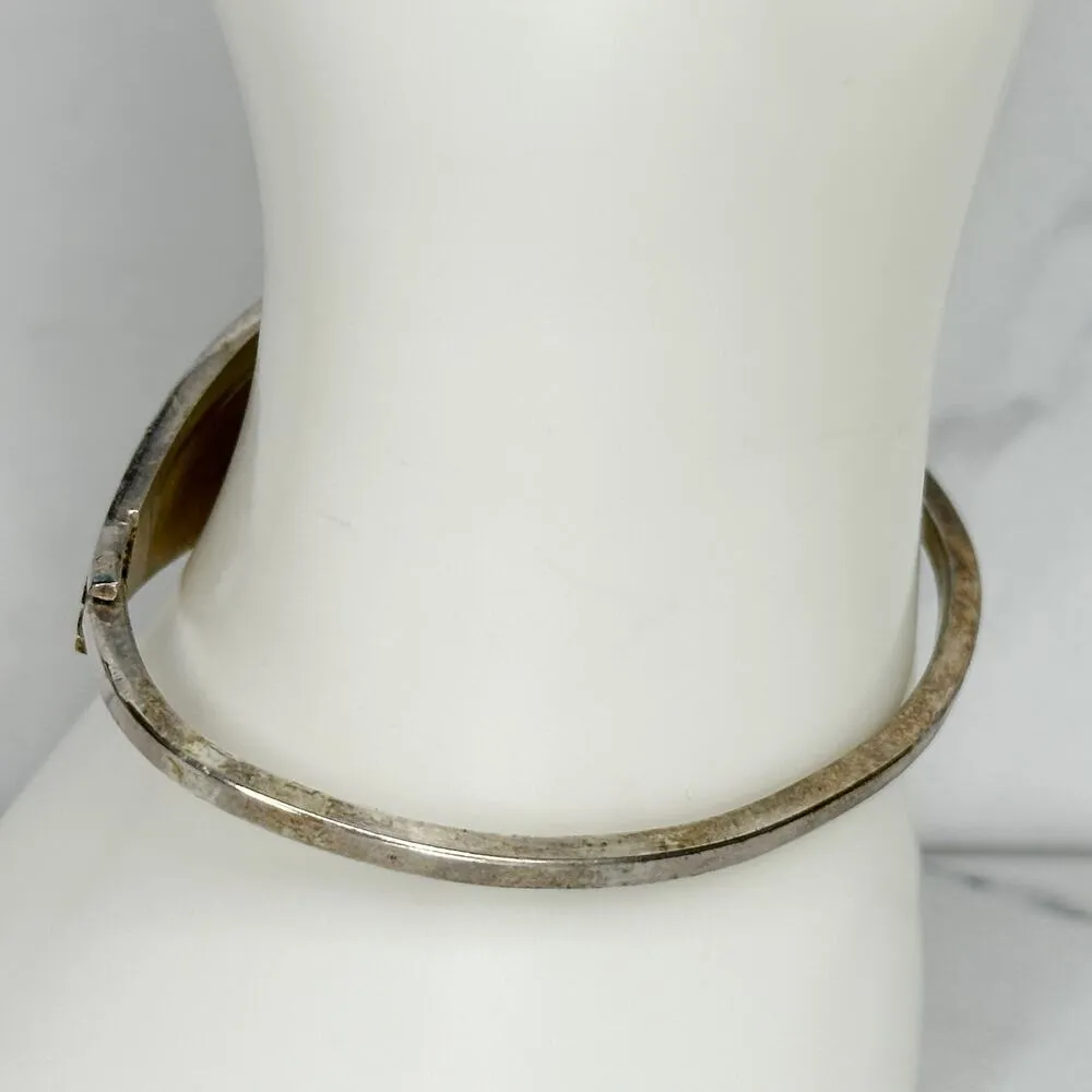 Hinge Vintage Alpaca Mexico Silver Tone Abalone Shell Flower  Bangle Bracelet - Image 9