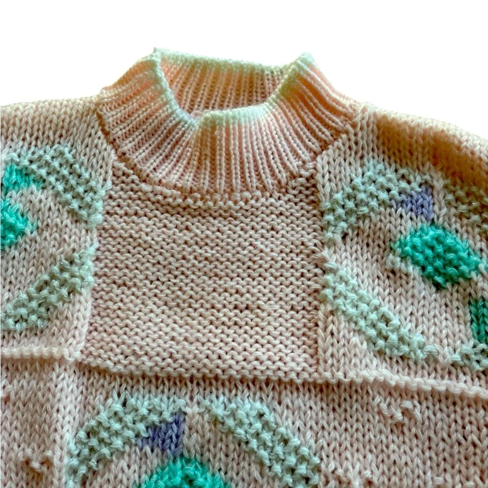VTG 80’S Knit Sweater Sz M Pastel Pink Fuzzy Snowflake Mock Neck Chunky Cottage Size M - Image 2