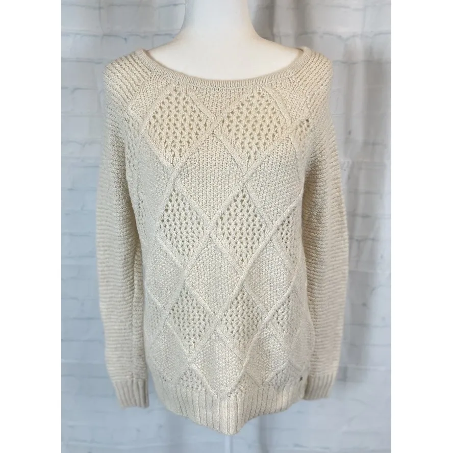 AMERICAN EAGLE Women's Sweater Crewneck Pullover Cream Cable Knit Size M - Image 2