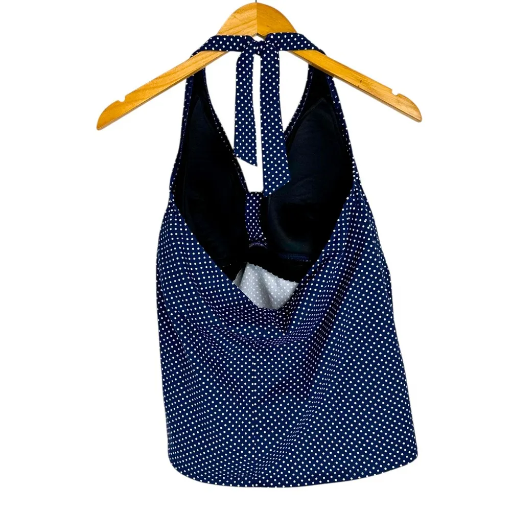 Land’s End Womens Tankini Halter Swim Top Sz 18D Polka Dot Print Navy Blue White - Image 2