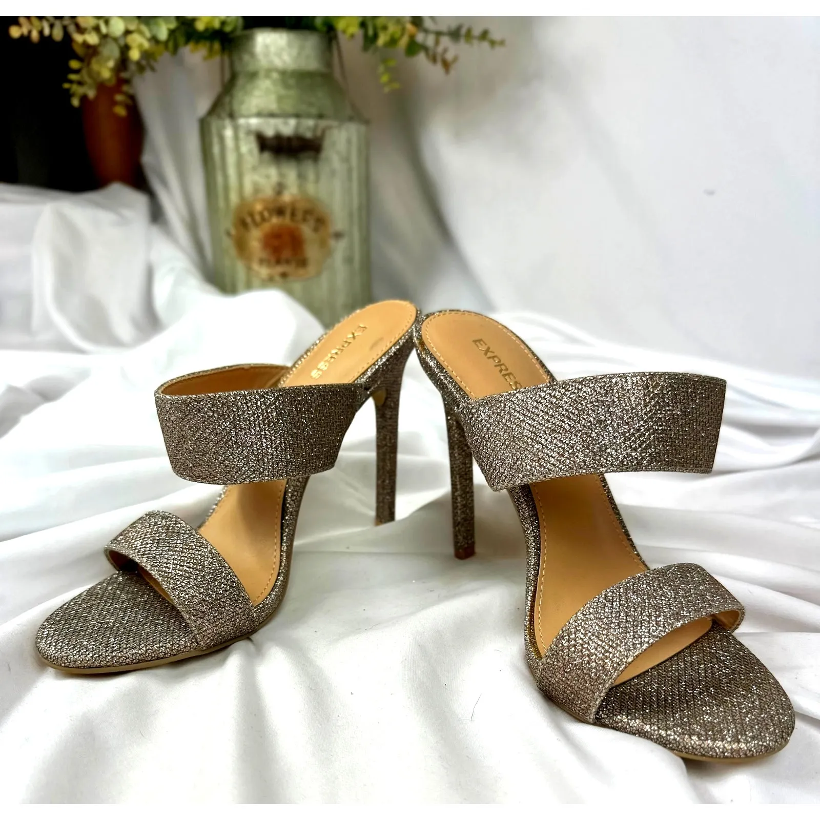 Express Shimmery Slip On Open Toe Pump Bronze/Silver 7 - Image 2