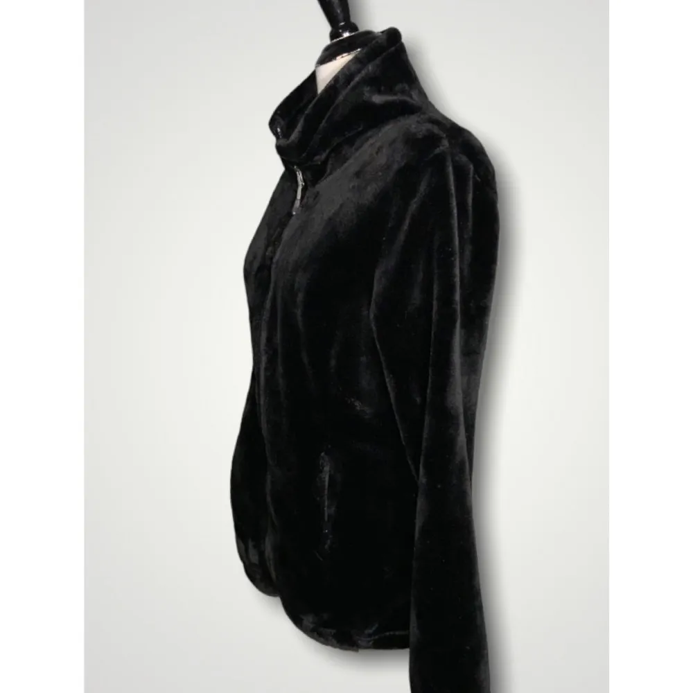 32 Heat Black Plush Velvet Faux Fur Zip Up High Neck Jacket Pockets Small… - Image 4