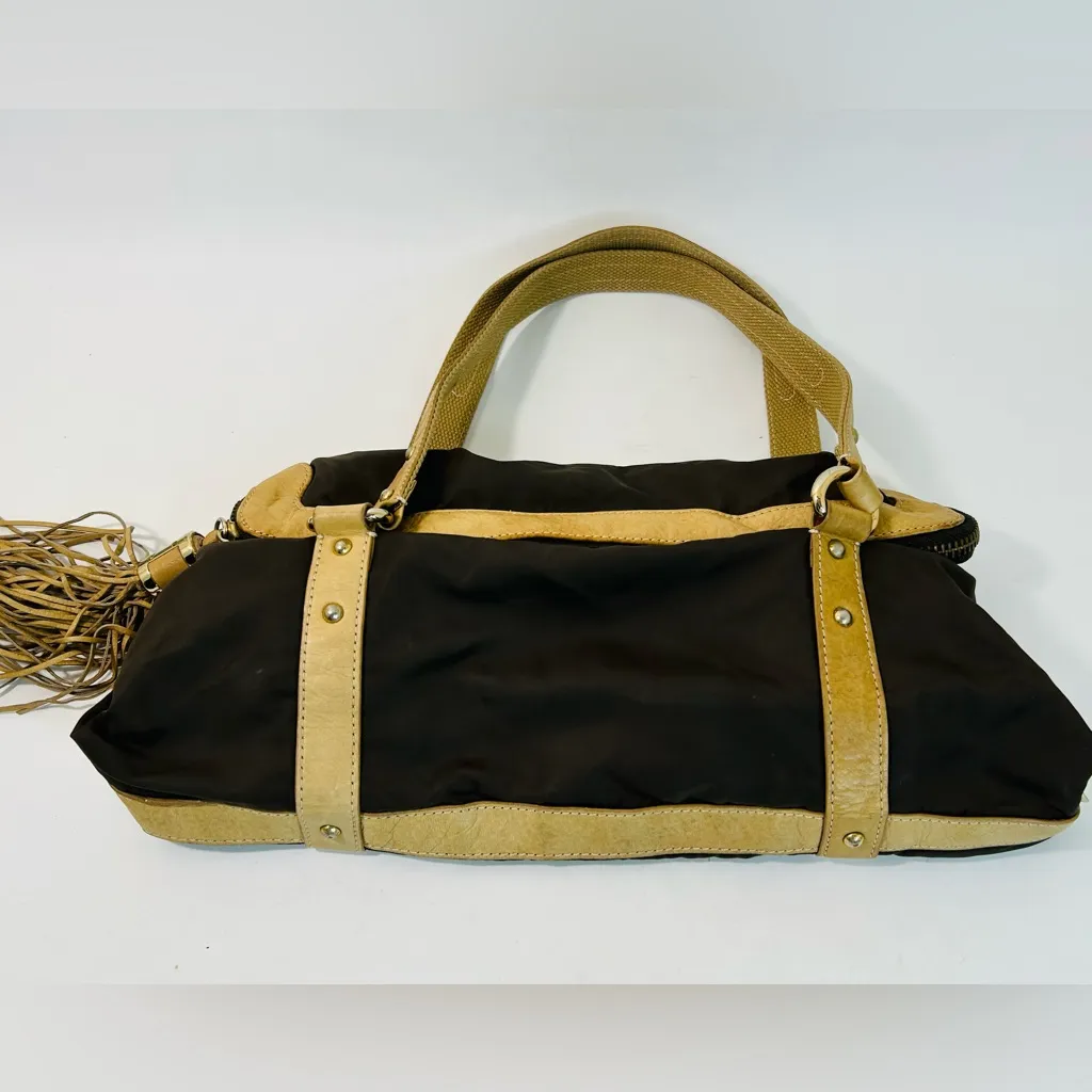 7 For All Mankind Brown Nylon and Leather Foldover Satchel with Fringe Detail - Image 13