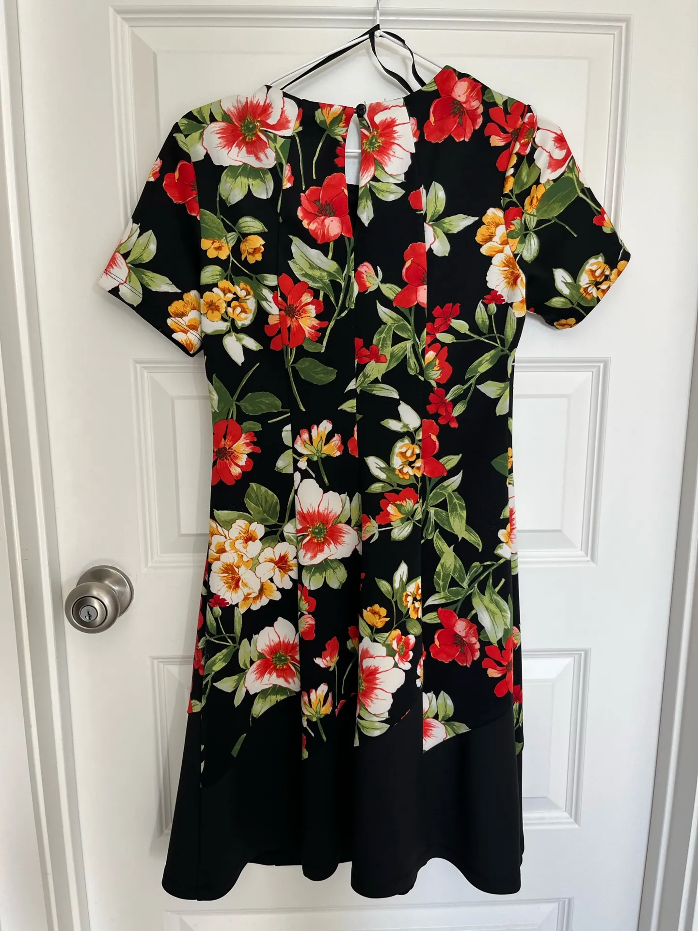 Elegant Black A Line Knee Length Satin Dress Red White and Yellow Floral Pattern - Image 2