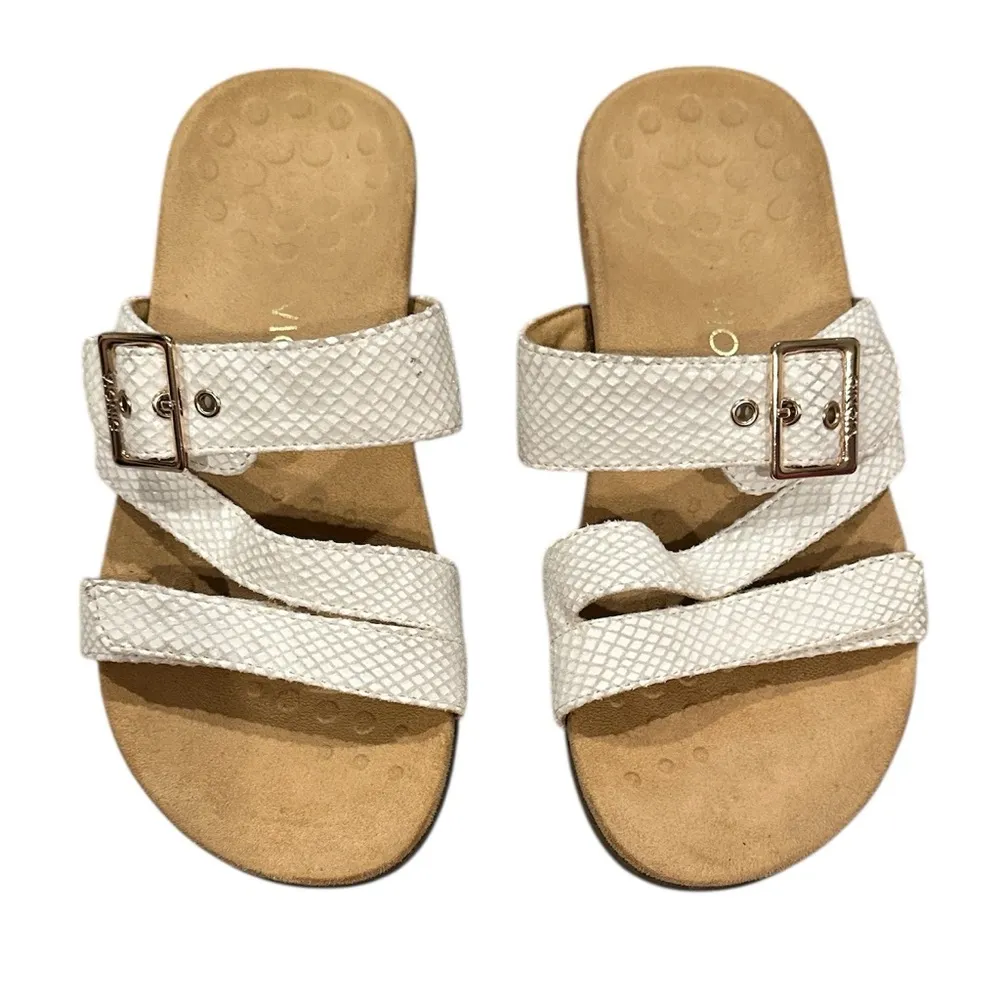 Vionic White Skylar Snakeskin Python Slide Goldtone Buckle Velcro Sandal 8 - Image 2