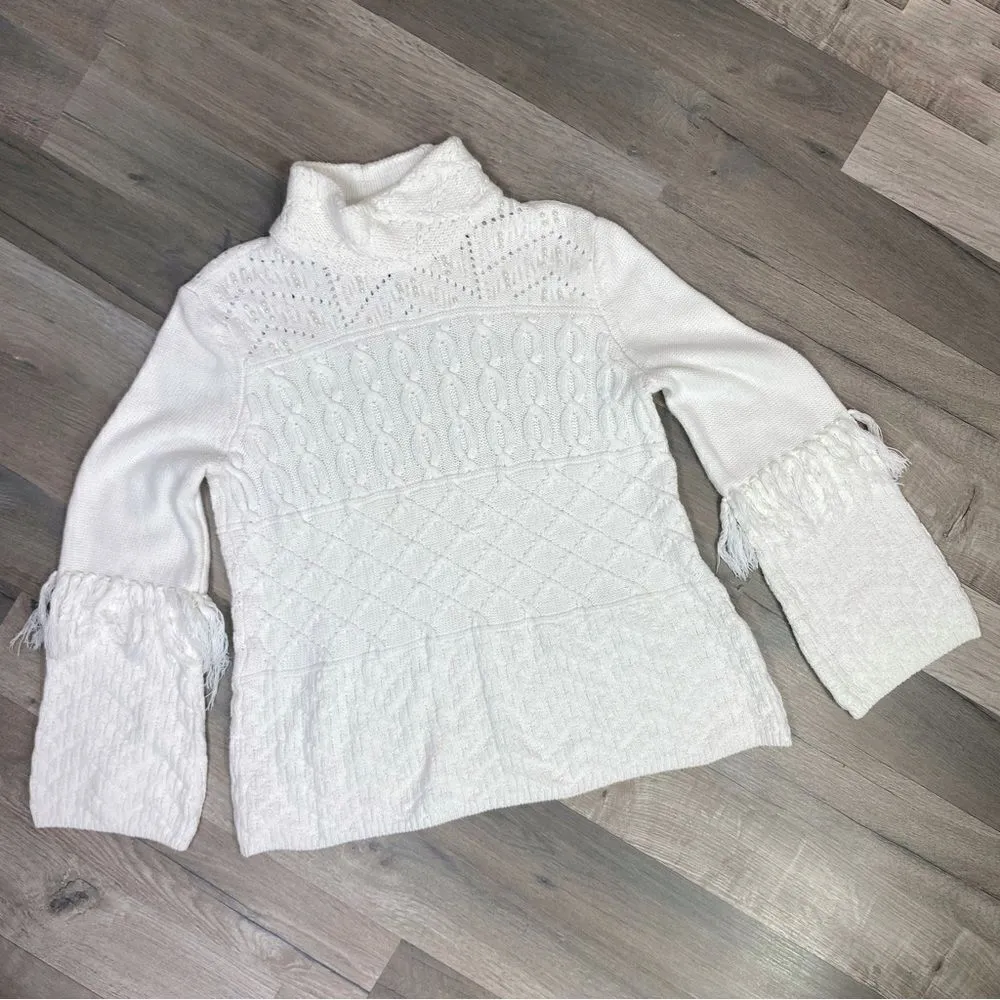 White House Black Market Boho Fringe Sleeve Mock Neck Sweater White Medium - Image 12