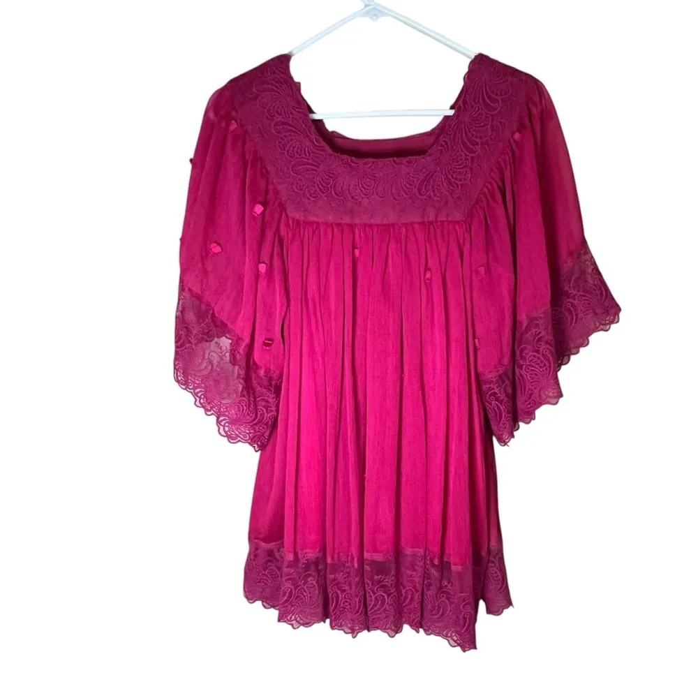 Badgley Mischka American Glam Boho Y2K Pink Tunic Top Sz S Bell Sleeve Lace Hem - Image 3