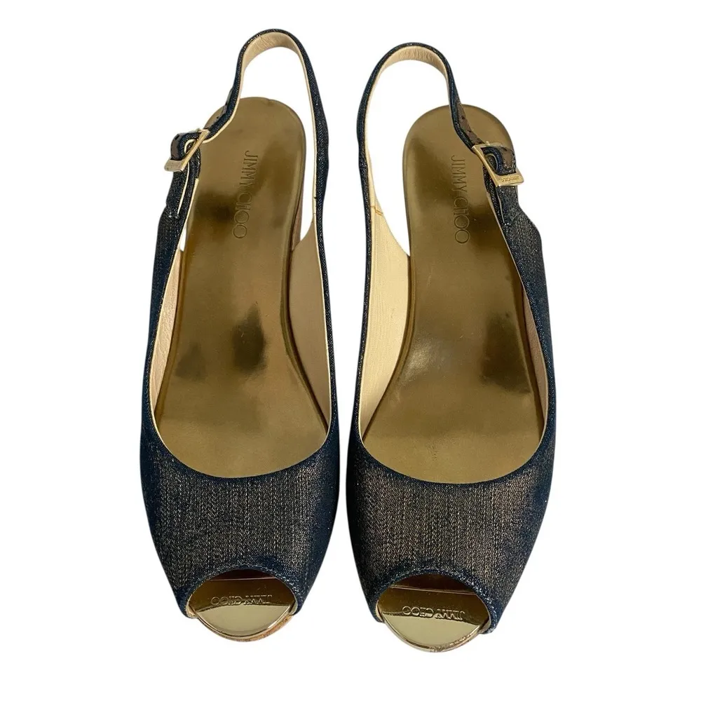 Jimmy Choo Shoes Women's 39.5 Sparkle Blue Gold Cork Wedge Peep Toe High Heels - Image 5