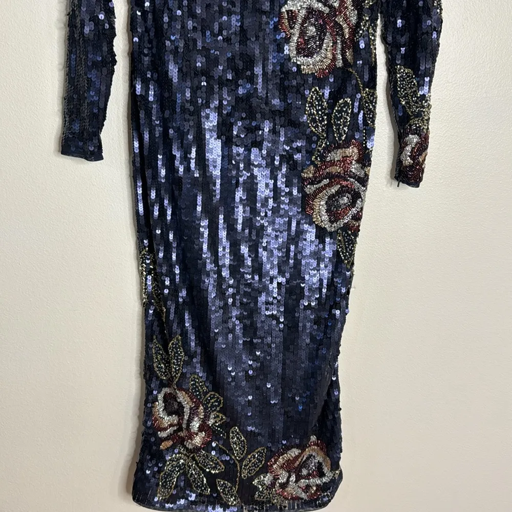 Mac Duggal SEQUINED ASYMMETRICAL FLORAL LONG SLEEVE MIDI DRESS in midnight - Image 6