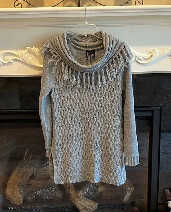Sweater Tunic Short Dress Drape Neck Cable Knit Fringe Womens Medium - Image 3