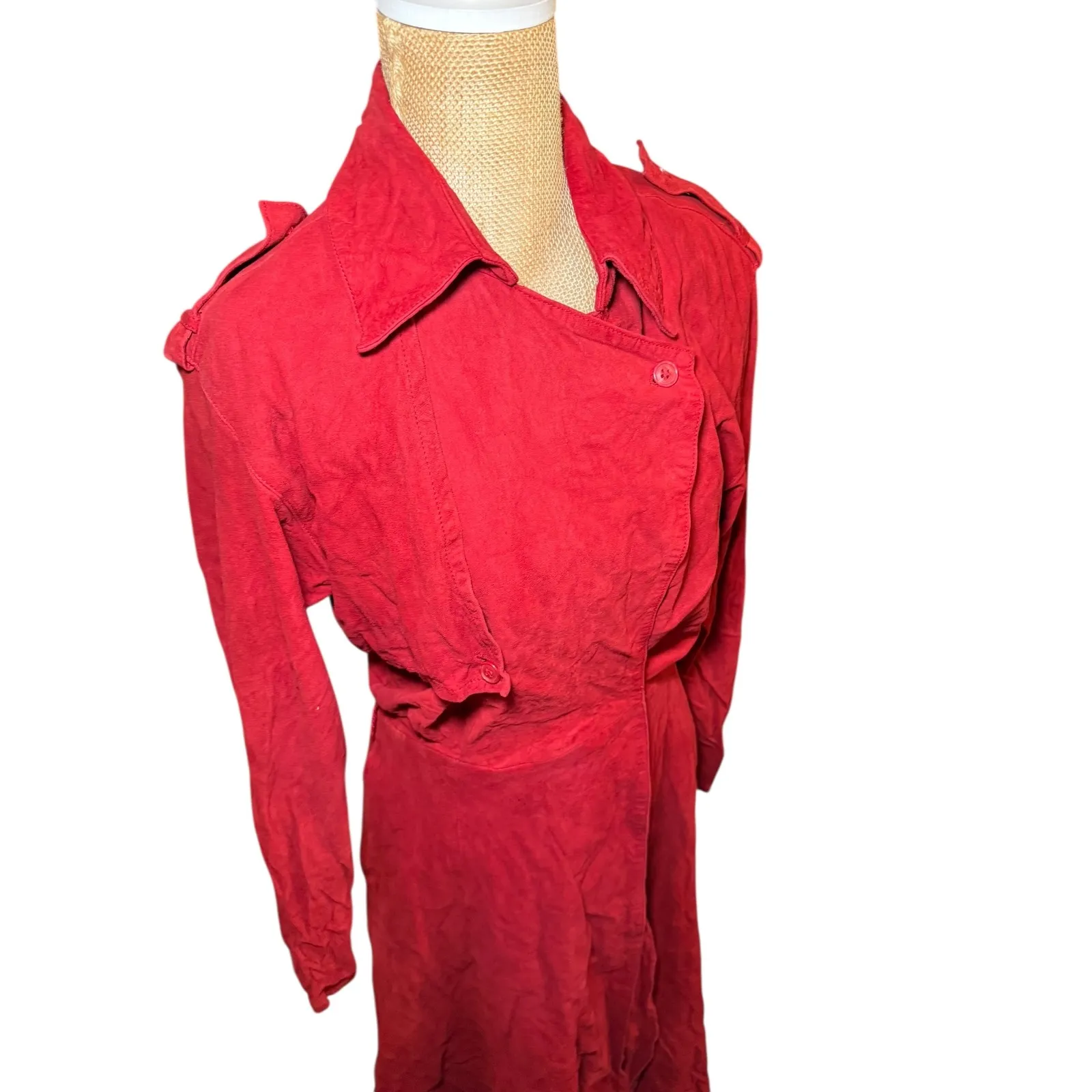 Vintage Wine Red 100% Leather Trench Coat Dress Women's Well Loved Unique Size 8 - Image 16