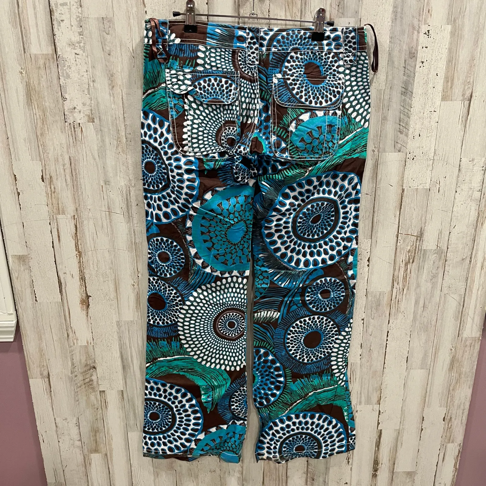 Retro Watcher Psychedelic 70s Cotton Low Rise Flare Pants Y2K Blue Festival 34 Size M - Image 5