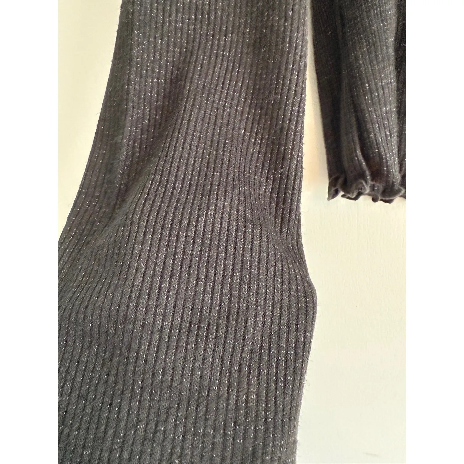 Robert Rodriguez Dalia Black Ribbed Sparkle Mock Neck Lettuce Trim Size S - Image 3