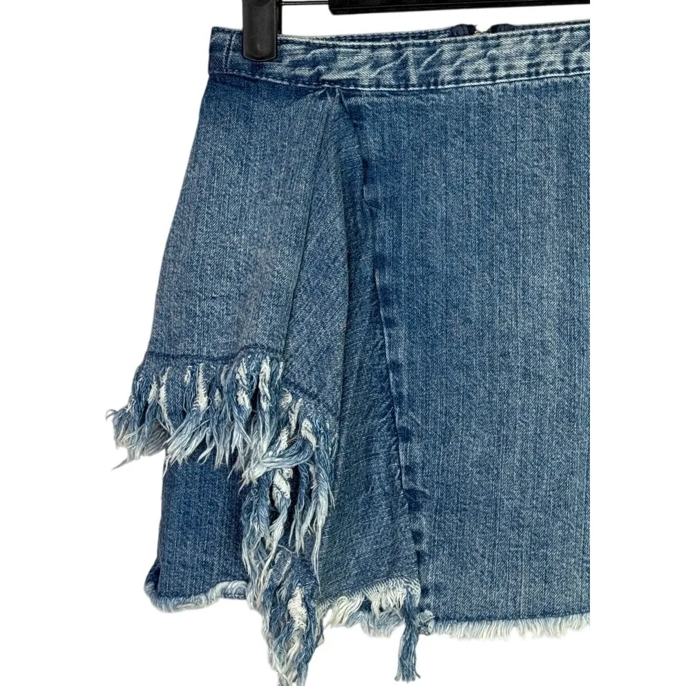 Zara Frayed Distressed Raw Hem Denim Mini Jean Skirt Zip Up Lightweight XS Blue - Image 4