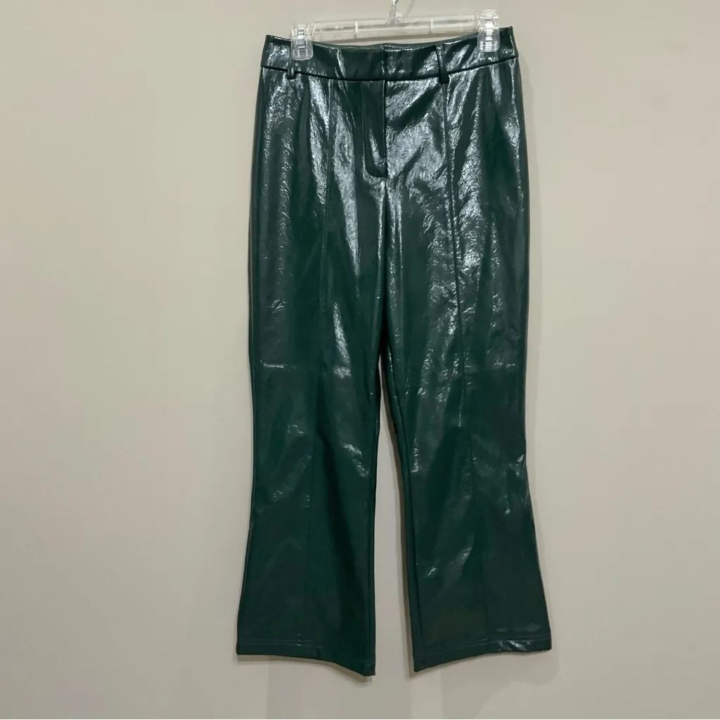 7 For All Mankind Green Faux Leather Shiny Wide Leg Pant Hunter Green Sz Med New - Image 2