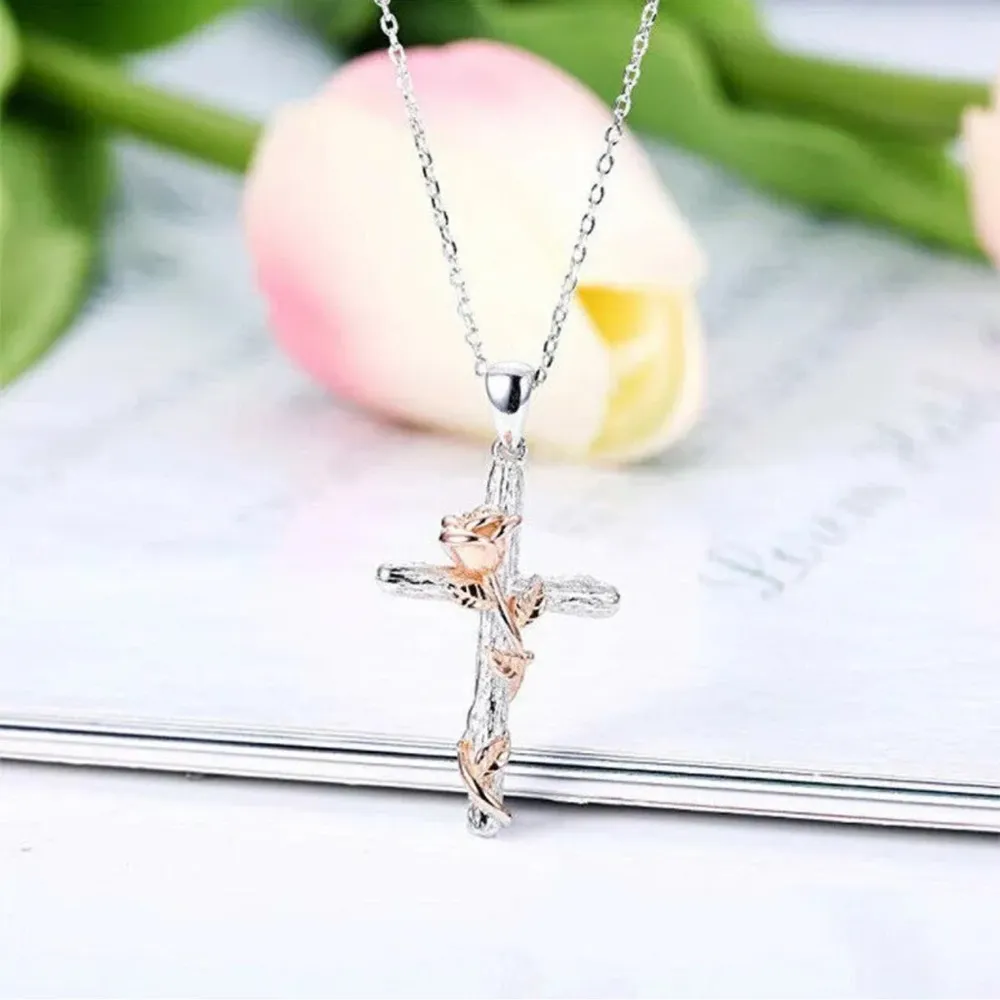 White Gold and Rose Gold Cross and Rose Necklace NWT - Image 3