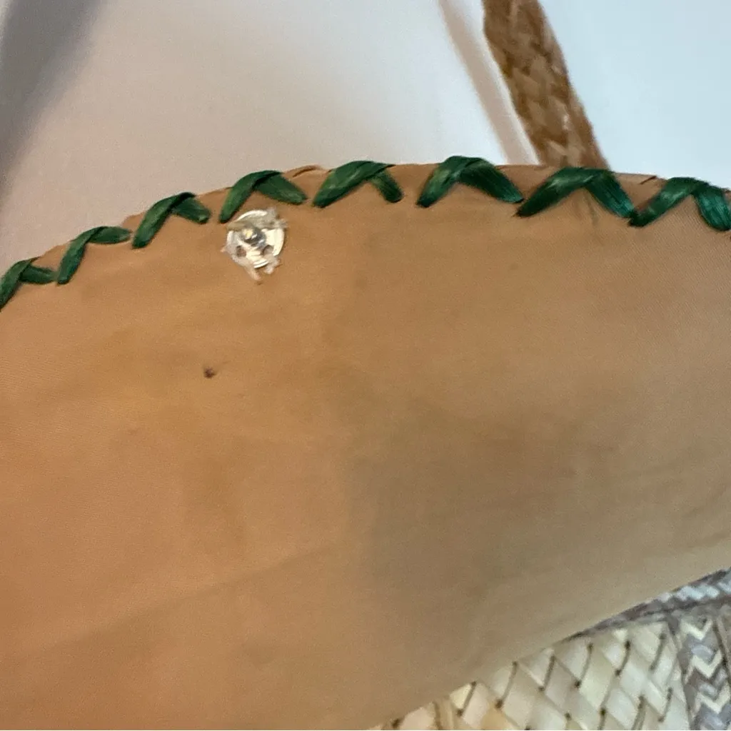 Vintage 1960s Woven Straw Purse Handbag Boho Flowers Green Orange Yellow - Image 10