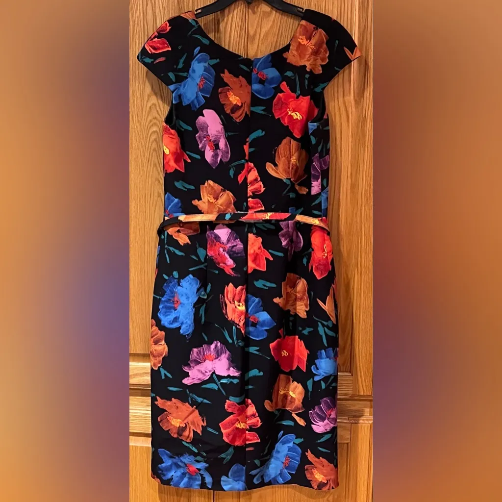 David Meister Cap Sleeve Belted Floral Print Stretch Lined Sheath Dress Size 10 - Image 13