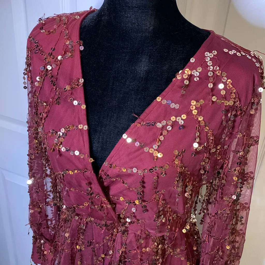 Paradiso Maroon & Gold Sequence Shorts Romper Red - Image 2