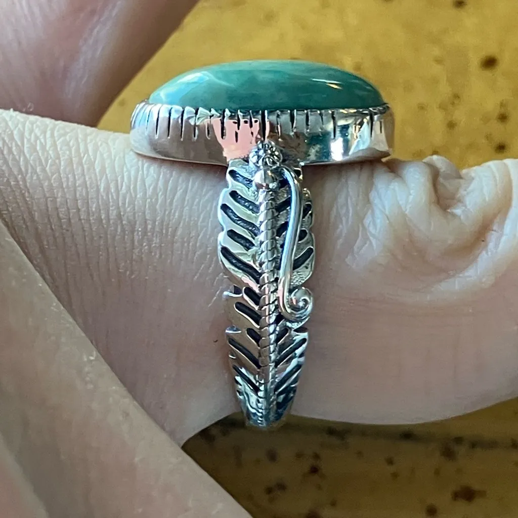 Natural Nevada Turquoise Sterling Silver Feather Ring Size 7 Green - Image 3