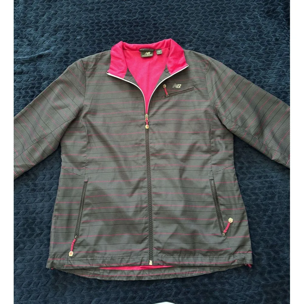 New Balance‎ Women's Hooded Windbreaker Jacket Gray Pink Striped Size L - Image 2