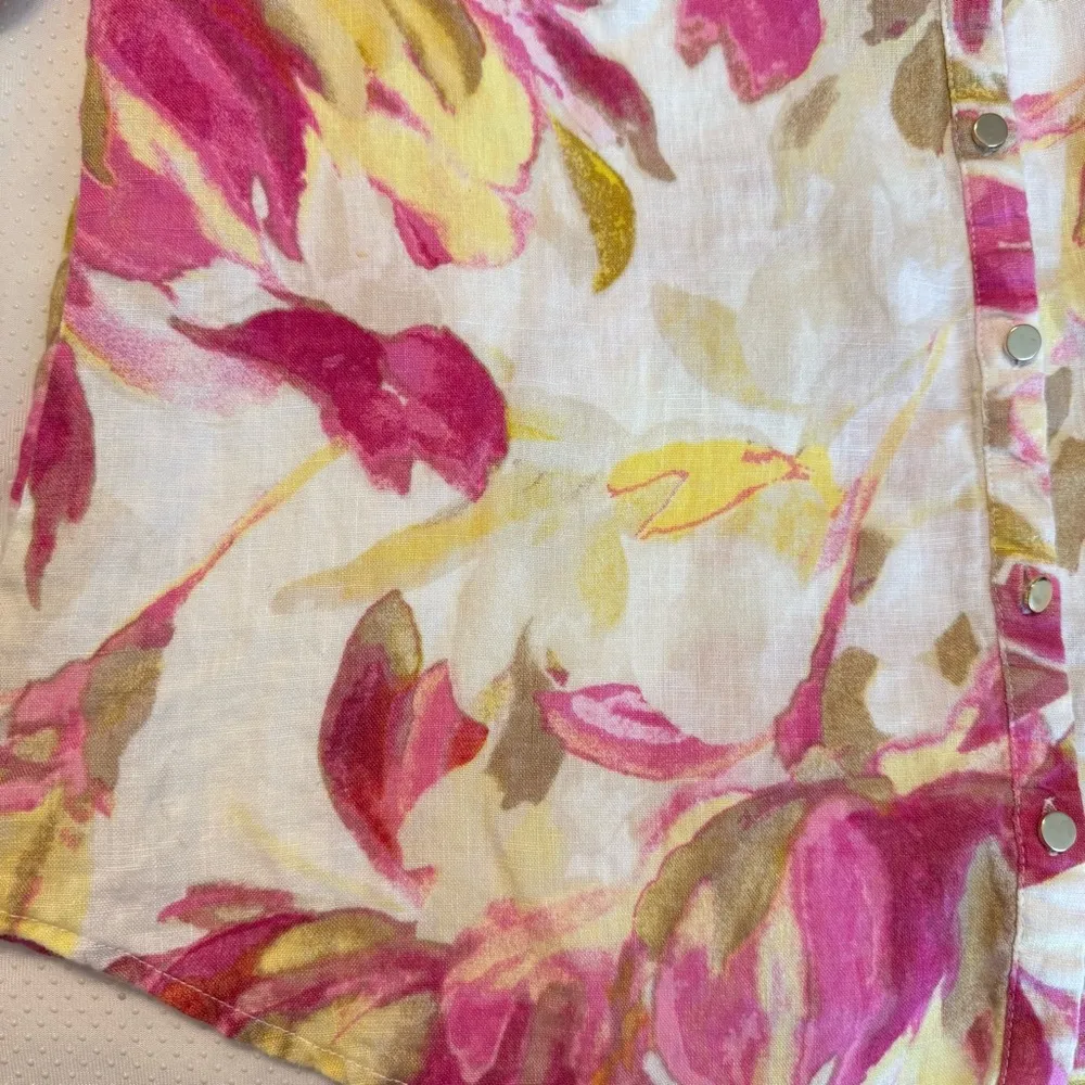 JM Collection Linen Floral Button Down Blouse Top Wmns Sz 18 Pink Tan Roll Tab - Image 9